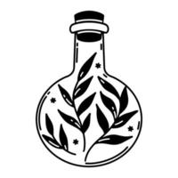 Glass bottle with plant branches vector icon. Flask with flower elixir. Vintage illustration isolated on white. Black outline, glassware sketch. Symbol of witchcraft, alchemy, magic.For cosmetics, spa