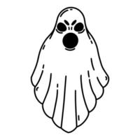 Scary ghost vector icon. Evil spirit with creepy face. Black outline, simple sketch isolated on white. Screaming Halloween poltergeist, flying phantom. Clipart for holiday decorations, web, logo,cards