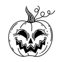 divertido icono de vector de calabaza de Halloween. linterna jack aislado sobre fondo blanco. cara sonriente en una verdura. símbolo de vacaciones de otoño, cosecha. contorno negro para logotipo, web, aplicaciones, tarjetas, impresión