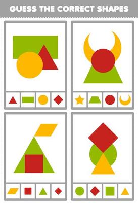 Education game for children guess the correct shapes geometric quiz printable worksheet