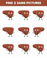 Education game for children find two same pictures cute cartoon human anatomy and organ liver vector