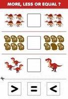 Education game for children more less or equal count the amount of cartoon prehistoric red dinosaur spinosaurus fossil tyrannosaurus then cut and glue cut the correct sign