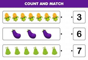 juego educativo para niños contar y combinar contar el número de vegetales de dibujos animados maíz berenjena chayote y combinar con los números correctos hoja de trabajo imprimible vector