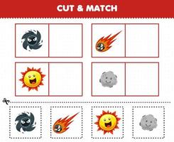 Education game for children cut and match the same picture of cute cartoon solar system black hole comet sun moon vector