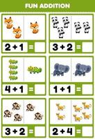 Education game for children fun addition by counting and sum cute cartoon jungle animal fox panda iguana elephant monkey cheetah pictures worksheet vector