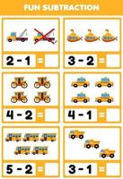 Education game for children fun subtraction by counting and eliminating cartoon yellow transportation pictures vector
