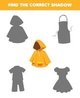 Education game for children find the correct shadow set of cartoon wearable clothes raincoat vector