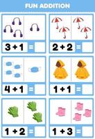 Education game for children fun addition by counting and sum cartoon wearable clothes headphone umbrella masker raincoat gloves boot pictures worksheet vector