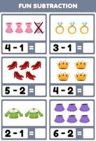 Education game for children fun subtraction by counting and eliminating cartoon wearable clothes dress ring heel crown blouse skirt printable worksheet vector