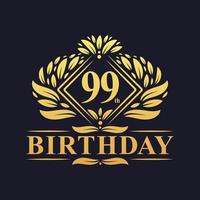 Logotipo de cumpleaños de 99 años, lujosa celebración dorada de 99 cumpleaños. vector