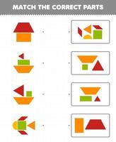 Education game for children match the correct parts geometric shapes 1 square triangle trapezoid parallelogram rectangle printable worksheet vector