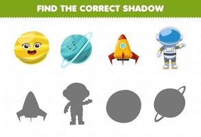 Education game for children find the correct shadow set of cute cartoon solar system venus planet uranus rocket astronaut vector