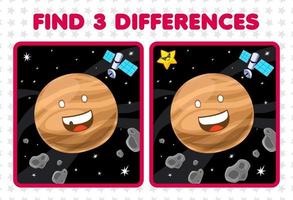 juego educativo para niños encuentra tres diferencias entre dos lindos dibujos animados sistema solar planeta asteroide estrella satélite vector