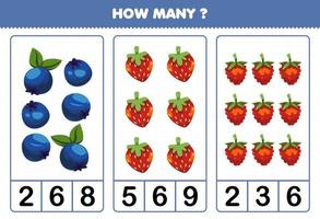 Education game for children counting how many cartoon fruits blueberry strawberry raspberry vector
