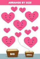 Education game for children arrange by size big or small put it in the box cute cartoon geometric shapes heart pictures vector