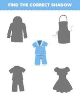 Education game for children find the correct shadow set of cartoon wearable clothes pajama vector