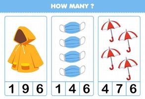 Education game for children counting how many cartoon wearable clothes raincoat masker umbrella vector