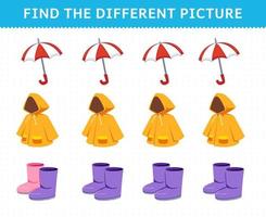 juego educativo para niños encuentra la imagen diferente en cada fila dibujos animados ropa ponible impermeable paraguas bota vector