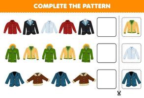 Education game for children complete the pattern logical thinking find the regularity and continue the row task with cartoon wearable clothes flannel tuxedo suit jacket cardigan blazer vector