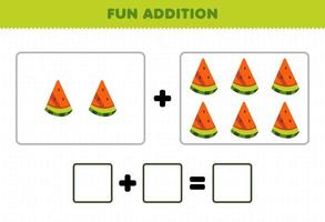 Education game for children fun addition by counting cartoon fruit watermelon pictures worksheet vector