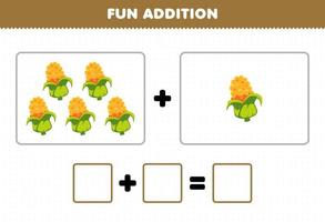 Education game for children fun addition by counting cartoon vegetable corn pictures worksheet vector