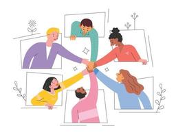 People are putting their hands together. window frame. flat design style vector illustration.