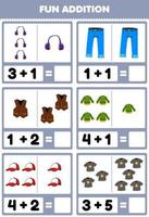 Education game for children fun addition by counting and sum cartoon wearable clothes headphone jean vest sweater cap t shirt pictures worksheet vector