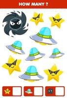 Education game for children searching and counting how many objects cute cartoon solar system ufo star black hole vector