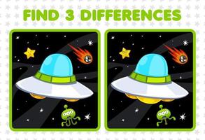 Education game for children find three differences between two cute cartoon solar system ufo star comet alien vector