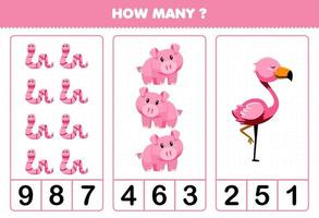 Education game for children counting how many cute cartoon pink animal worm pig flamingo vector