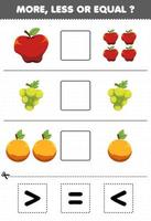 Education game for children more less or equal count the amount of cartoon fruits apple grape orange then cut and glue cut the correct sign vector