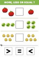 Education game for children more less or equal count the amount of cartoon vegetables tomato cabbage potato then cut and glue cut the correct sign vector