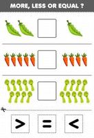 Education game for children more less or equal count the amount of cartoon vegetables peas carrot asparagus then cut and glue cut the correct sign vector