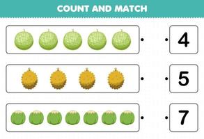 juego educativo para niños contar y combinar contar el número de frutas de dibujos animados melón durian coco y combinar con los números correctos hoja de trabajo imprimible vector