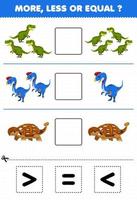 juego educativo para niños más menos o igual contar la cantidad de dibujos animados dinosaurio prehistórico yangchuanosaurus oviraptor ankylosaurus luego cortar y pegar cortar el signo correcto vector