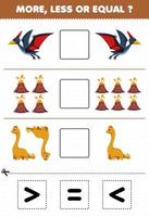 juego educativo para niños más menos o igual contar la cantidad de dibujos animados dinosaurio prehistórico pteranodon volcán brontosaurio luego cortar y pegar cortar el signo correcto vector