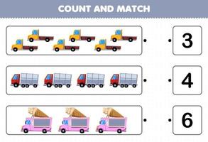 juego educativo para niños contar y combinar contar el número de camiones de transporte de dibujos animados y combinar con los números correctos hoja de trabajo imprimible vector