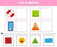 Education game for children cut and match the same picture of cute cartoon shape circle lifebuoy square pillow rectangle smartphone triangle emergency cone vector