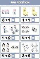 Education game for children fun addition by counting and sum cute cartoon white animal rabbit llama zebra cow penguin swan pictures worksheet vector