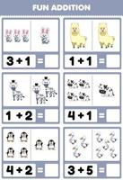 Education game for children fun addition by counting and sum cute cartoon white animal rabbit llama zebra cow penguin swan pictures worksheet vector