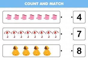 Education game for children count and match count the number of cartoon wearable clothes boots umbrella raincoat and match with the right numbers printable worksheet vector