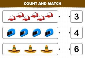 Education game for children count and match count the number of cartoon wearable clothes cap helm sombrero hat and match with the right numbers printable worksheet vector