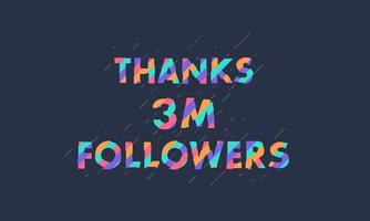 gracias 3 millones de seguidores, 3000000 seguidores celebración diseño colorido moderno. vector