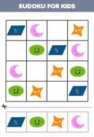 juego educativo para niños sudoku para niños con dibujos animados lindo forma geométrica paralelogramo estrella ovalada imagen creciente vector