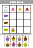 Education game for children logic table geometric shape triangle and trapezoid printable worksheet vector