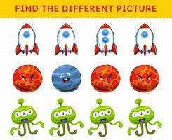 juego educativo para niños encuentra la imagen diferente en cada fila dibujos animados lindo sistema solar cohete marte planeta alienígena