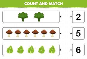 Education game for children count and match count the number of cartoon vegetables spinach mushroom kale and match with the right numbers printable worksheet vector