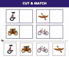 Education game for children cut and match the same picture of cute cartoon manual transportation unicycle kayak carriage bicycle printable worksheet vector