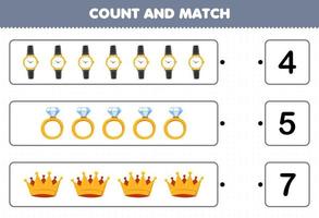 juego educativo para niños cuente y combine cuente el número de joyas portátiles de dibujos animados reloj anillo corona y combine con los números correctos hoja de trabajo imprimible vector