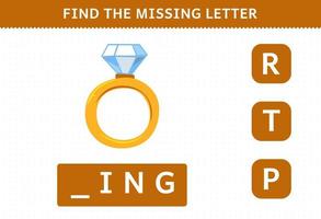 Education game for children find missing letter cartoon wearable clothes ring worksheet vector